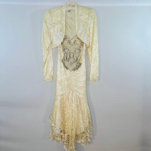 Vintage 1990’s Lace and Sequin Fitted Dress with Bolero Jacket Formal Wedding - Picture 1 of 11